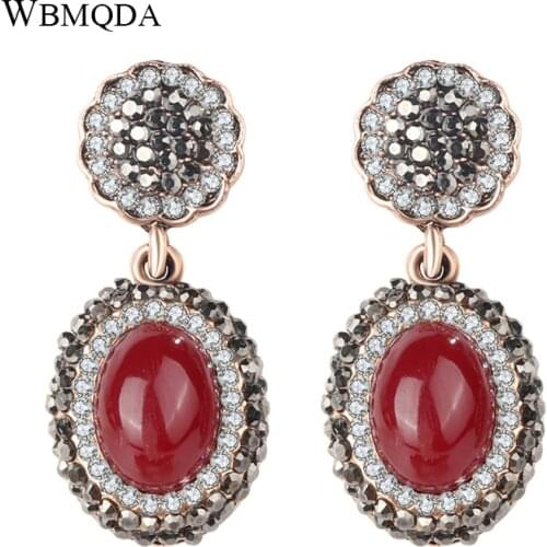 Luxury Blue Red Oval Resin Crystal Drop Earrings Women Accessories Vintage Jewelry Antique Gold Big Dangle Wedding Earrings