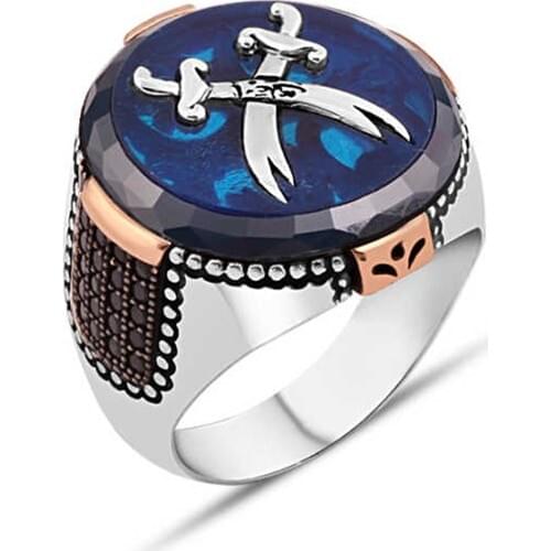 Silverplus Synthetic Amber Double Zulfiqar Sword Love Inscribed Silver Men 'S Ring