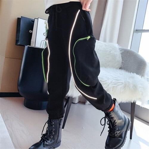 Winter Warm Childrens Clothes for Baby Girls Pants Splicing Reflective Strips Harem Cargo Pants Autumn Trend Kids Boys Pants