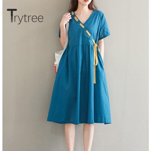 Trytree 2020 Summer Women Casual Dress V-neck Solid 2 Color Bandage Dress Fashion Patchwork Vintage Elegant Knee-Length Dress