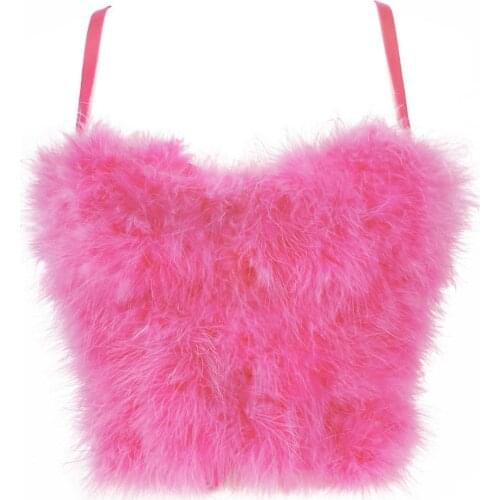 Faux Fur Solid Pink Performance Crop Top To Wear Out Autumn Corset Top Sexy Tops Women Bra Push Up Bustier Female Tops Mujer