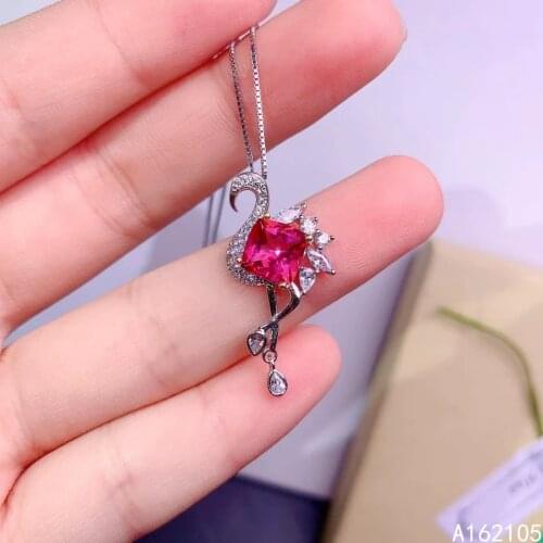Fine jewelry 925 pure silver inlaid natural pink topaz girl luxury popular square swan Chinese style gem pendant necklace suppor