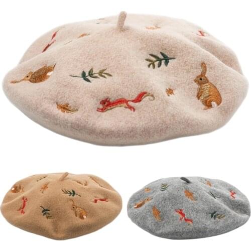 Korean Women Winter Faux Wool Elastic Beret Cap Kawaii Cute Cartoon Forest Rabbit Squirrel Embroidery Painter Beanie Hat