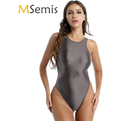 Womens Ladies Cutout Back Bodysuit Stretchy Tights Leotard Spa Swimwear Solid Color Glossy One-piece Swimsuit Sexy Clubwear
