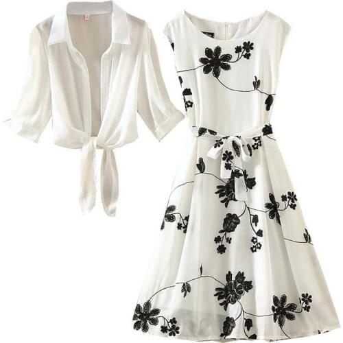 Elegant Suits Dresses Two-Piece Women Spring Summer New Floral Embroidery White Blouse Bow Sashes Navy Blue A-Line Midi Skirts