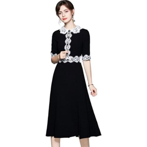 Lapel Lace Splicing Temperament Women Dress Summer Hepburn Designer High Waist Over The Knee Black Vintage Dress Party Robe