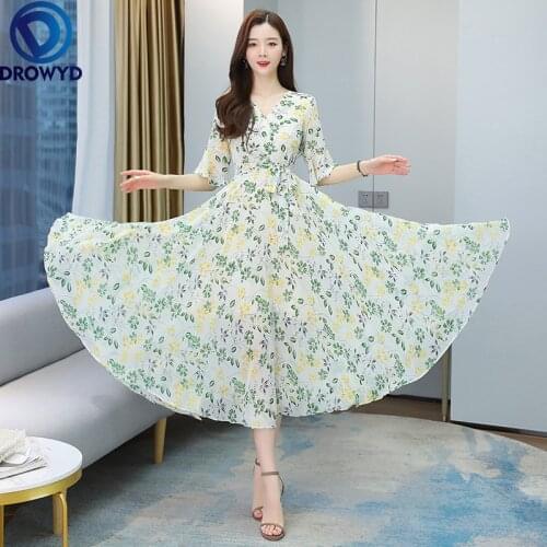 2021 Summer Boho Beach Maxi Dress for Women V-neck Floral Printed Short Sleeve Dress Women Chiffon Long Dresses Party Vestidos
