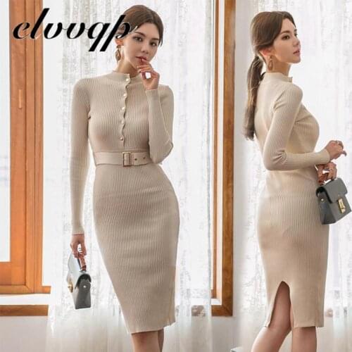 Knitted Belt Long Sleeve Dress Women New Slim Bodycon Autumn Korean Elegant Fall Winter Button O-Neck Sweater Midi Ribbed Dress
