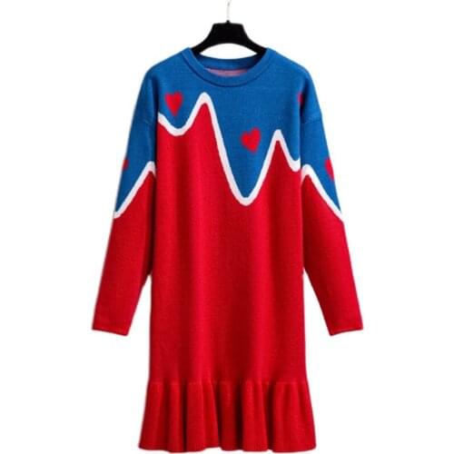 2021 New Arrival Spring Autumn Women Long Sleeve Knitted Dress High Quality Fashion Contrast Color Mermaid Hem Sweater Dress