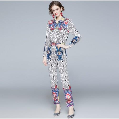 2021 Autumn Fashion Runway Suit Women Elegant Designer Floral Print Shirt Top + Pants Set 2 Piece Matching Outfits