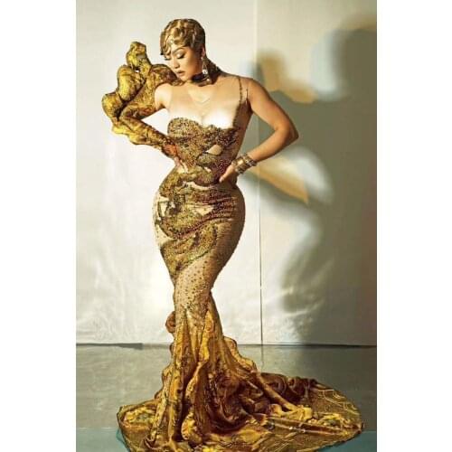 Gold Dragon Pattern Sparkly Rhinestone Evening Party Floor-length Dress Women Celebriate Prom Mermaid Dress Singer Stage Wea