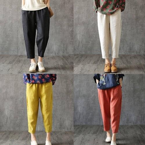 Womens Spring Summer Pants Cotton Linen Solid Elastic Waist Candy Colors Harem Trousers Soft High Quality For Female