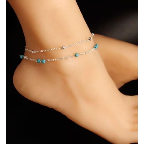 Trendy foot chain womens fashion jewelry double layer round bead small pine stone foot chain