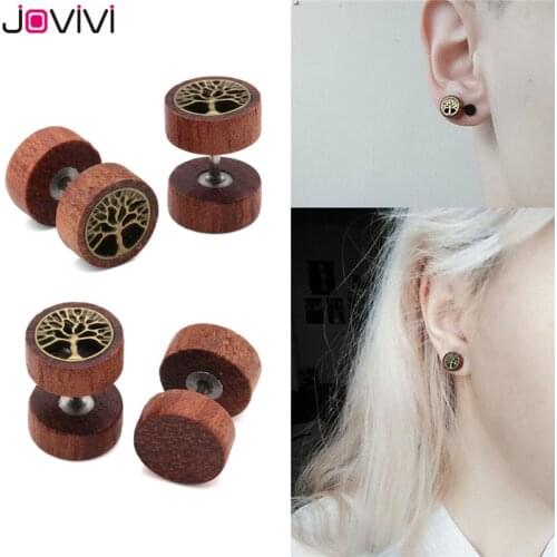 JOVIVI 16Ga Sono Wood Fake Cheater Fake Ear Plug Ear Expander Flesh Tunnel Barbell Tragus Earring Piercing Jewelry Tree Of Life