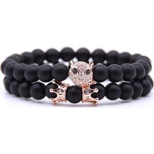 KANGKANG 2Pcs/Set popular Pave CZ Small Crown and Leopard head Bracelet Classic Matte Black Stone 4 style Bead Bracelets Jewelry