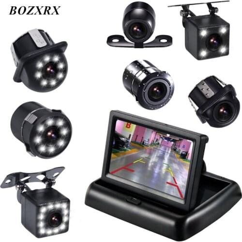 BOZXRX 4.3 inch TFT LCD Display Monitor Kit Car Foldable Monitors Car Rearview Monitors with Car Reverse LED Night Vision Camera