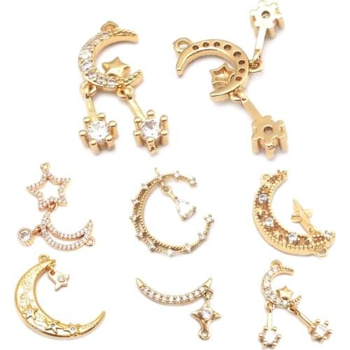 40632)10PCS 21.5x8.5MM 24K Champagne Gold Color Brass and Zircon Moon Charms Pendants Jewelry Making Supplies Diy Accessories