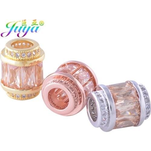 Juya DIY Metal Spacer Beads Supplies Micro Pave Champagne Zircon Big Hole Charm Beads For Handmade Natural Stone Jewelry Making