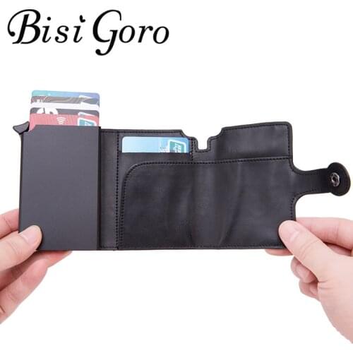 BISI GORO 2020 RFID Travel Wallet Coin Purse Top Quality Men Smart Wallet Fashion Button Money Bag Metal Aluminum Auto Pop-up