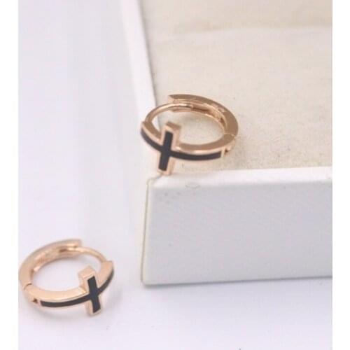Real 18K Rose Gold Earrings For Women Black Paint Cross Unique Hoop Earrings 11mmDia Gift New Best Gift