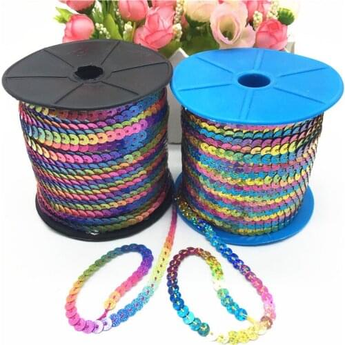 New Fashion Rainbow Color 100Yards/Roll 6mm Loose Diameter Round Flat Sequins Sewing on Trims for Craft Pillow/Cloth Accessories