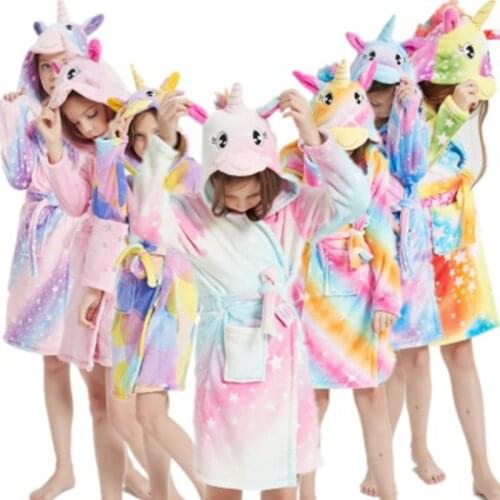 New Childrens Flannel Hooded Baby Bathrobe Kids Unicorn Bath Robe Winter Animal Boys Girls Pajamas Clothes