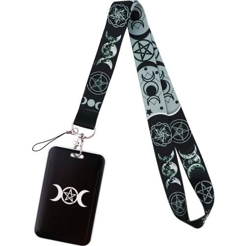 PF523 Dongmanli Triple Moon Goddess Wicca Pentagram Magic Amulet Lanyard Card Cover Keychain Key Ring Badge Holder Jewelry