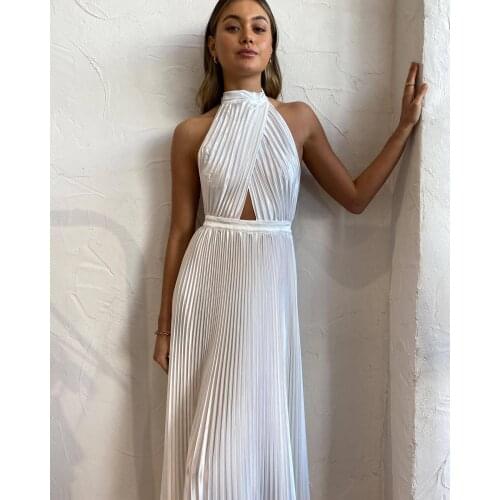 RMSFE 2021 Women Sleeveless High Neck Fashion Sexy Hanging Neck Dew Back Pressure Pleat Dres