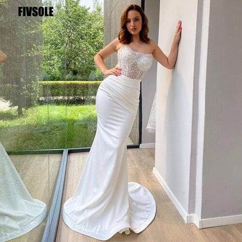 Fivsole Wedding Dresses Strapless A line Satin Corset Beaded Bridal Dresses Princess Vestido De Noiva With Train Plus Size