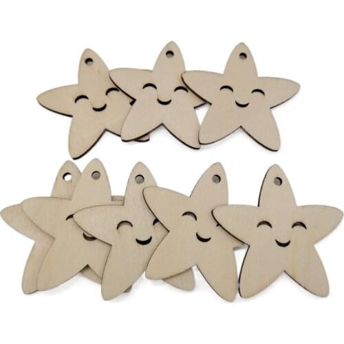 10pcs Unfinished Wood Pieces Wooden Cutouts Star and Moon Shape Door Hanger Wood Slices for DIY Art Crafts Decoration Painting