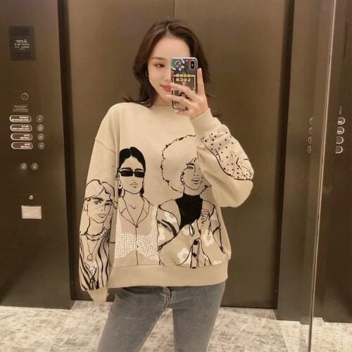 Y2K 2021 Ladies Leisure Style Loose Hoodie Spring Autumn Girls Creative Figure Printing Round Collar Long Sleeve Tops