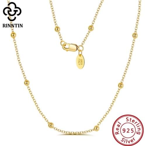 Rinntin 925 Sterling Silver 14K Gold Plated 1.0mm Cable Chain Necklace with 2.0mm Ball Beads For Women Fashion Jewelry SC43