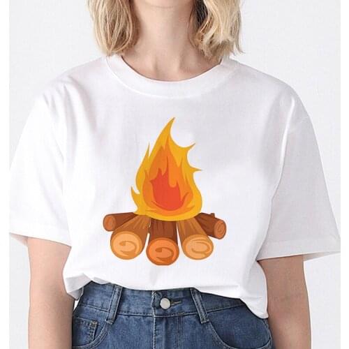 Women T Shirt Summer Short Sleeve Tees 2021 Fire Print 90s Korean Fashion Female Girls Clothing Casual Kawaii Top T Shirts