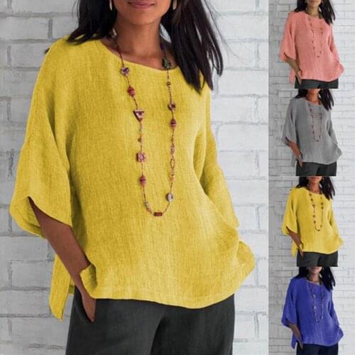 Autumn Women Blouse Fashion Casual Style Flare Sleeve Shirt Ladies O-Neck Linen Solid Color Loose Blouses Female Clothing