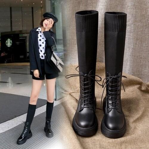 Leather platform boots ladies black round toe platform flat shoes zipper lace up winter shoes women
