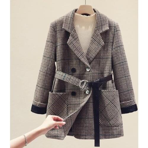Autumn Winter Womens Blazers Sashes Jackets Notched Outerwear England Style OL Vintage Plaid Blazer Woolen Coat
