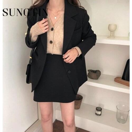 Sungtin Korean Black Casual Blazer Jackets Women Office Lady Loose Work Blazer Suit Coat Solid Vintage Elegant Outwear Chic 2021