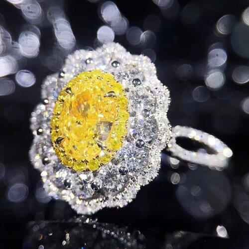 Jewelry 18K White Gold Center Yellow 1ct Oval Cut Moissanite Double Halo Ring Engagement Ring Wedding Ring For Women