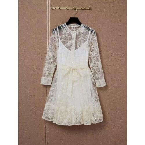 Fyion Runway Fashion Women Mini Dress 2021 Autumn Winter Long Sleeve Mesh Embroidery Belt Party Hot Sale Dress