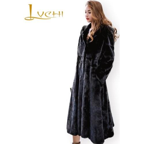 LVCHI Winter 2019 Grey With Fur Hood Long Real Mink Fur Coats With Hat Womens Mink Coat X-Long Causal Office Lady Mink Coats