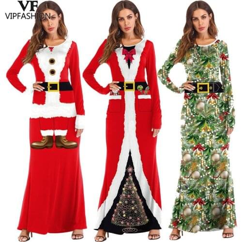 VIP FASHION 2021 Winter Christmas Dresses For Women Belt Print Elegant Party Dress Long Sleeve Casual Femme Christmas Costume