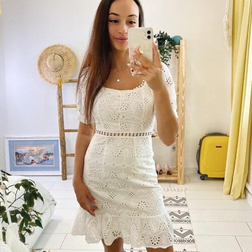 2021 summer new temperament versatile square neck puff sleeve high waist hollow ruffled slim dress women