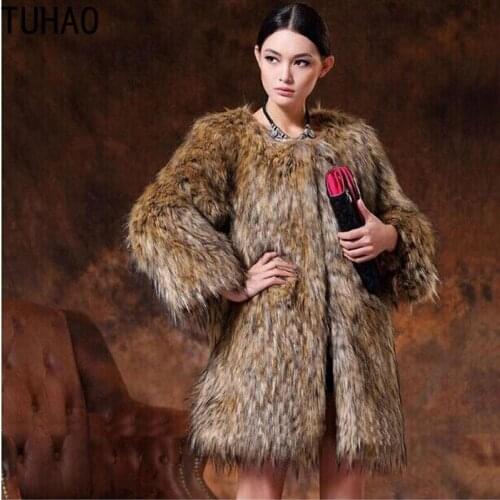TUHAO Winter Vintage Women Faux Fur Coat Brown Warm Fox Fur Jacket Plus Size 5XL 4XL Fur Coat Fluffy Jacket Long Fur Coat