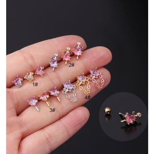 1PC Ear Piercing Tragus Cartilage Dangle Red Pink Heart Stud Earring Helix Conch Rook Lobe Stainless Steel Women Body jewelry