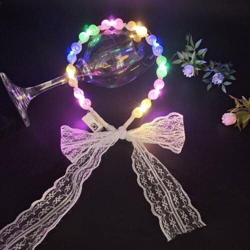 10pcs Luminous Lace Ribbon Fairy Lights Hair Band Light up Headband Female Tie Pearl Headdress Glow Wedding Party Christmas