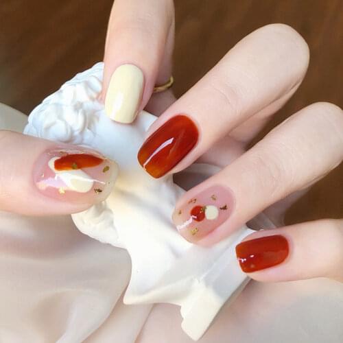 24Pcs False Nails Caramel Pudding Fake Nails Wear Manicure Press on Tips False Nails Save Time With Jelly Glue