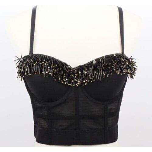 2020 New beading Bra Corset Bustier Gothic sexy Camisole Cropped Tops Mesh Vesh Push Up Night Club Bralette Black Female Top