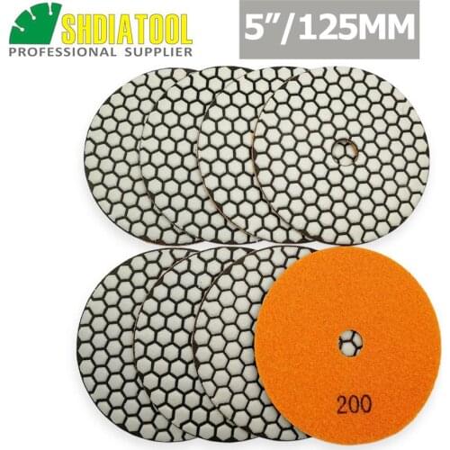 SHDIATOOL 8pcs 5" #200 B Diamond Dry Polishing Pads Diameter 5inch Resin Bond Flexible Sanding Disc For Granite Marble Ceramic
