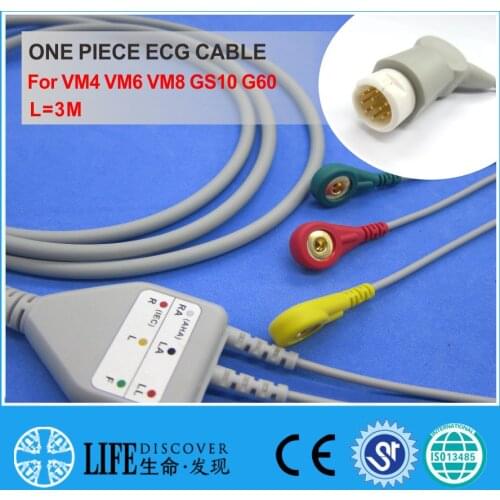 ECG CABLE with 3 leadwires snap for VM4 VM6 VM8 GS10 G60 patient monitor