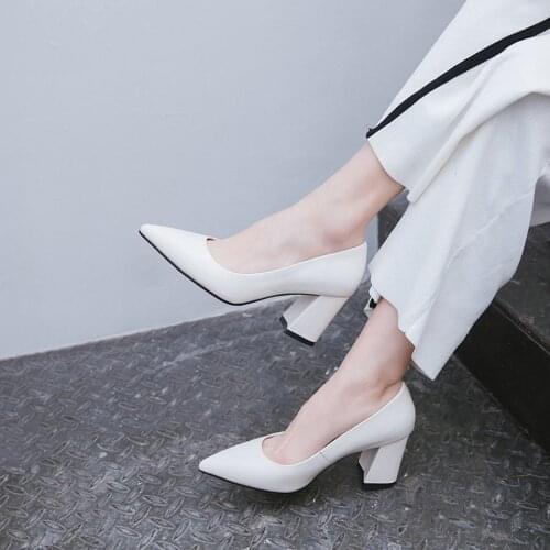 EshtonShero Classic Pumps Womens Shoes Woman Platform Concise High Heels 7.5CM Pointed Toe Beige Ladies Wedding Shoes Size 3-8